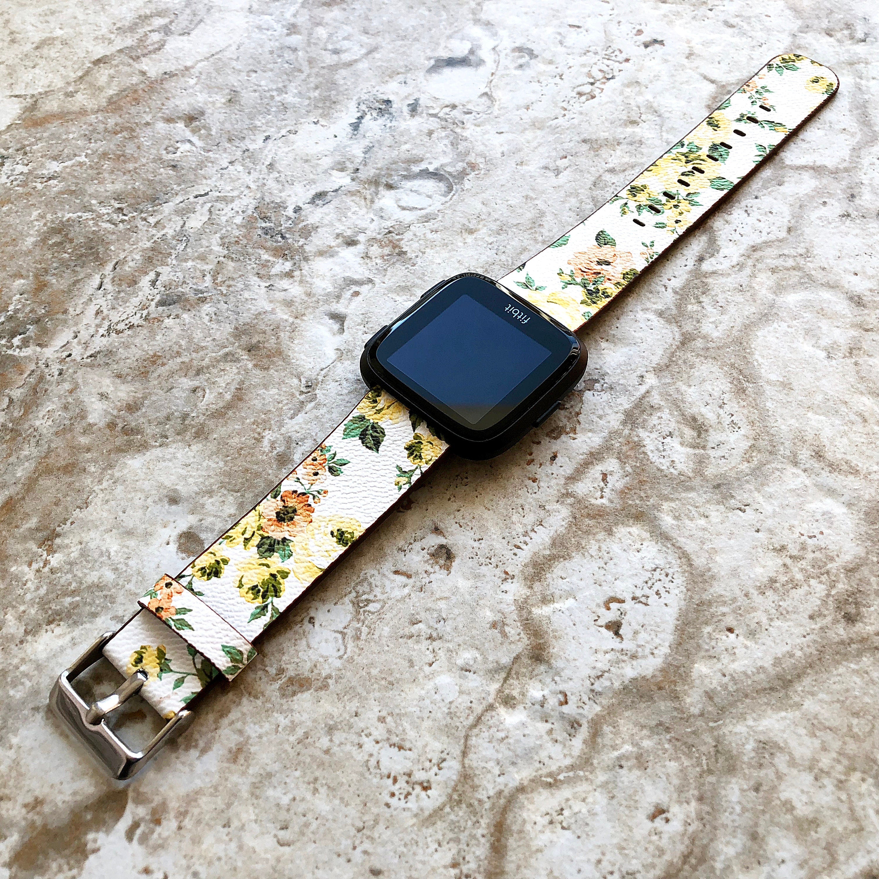 Fitbit Versa 2 3 4 Sense 2 Band FL-1 Soft Leather Strap High Resistant Printed Coated Floral Accent Flowers Quick Release Pins Adapters